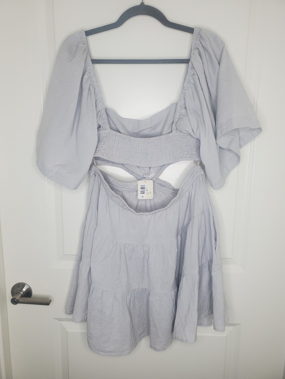 Free People Cross Of Sunlight Gray Linen Smocked Cut Out Tiered Mini Dress - Picture 7 of 12